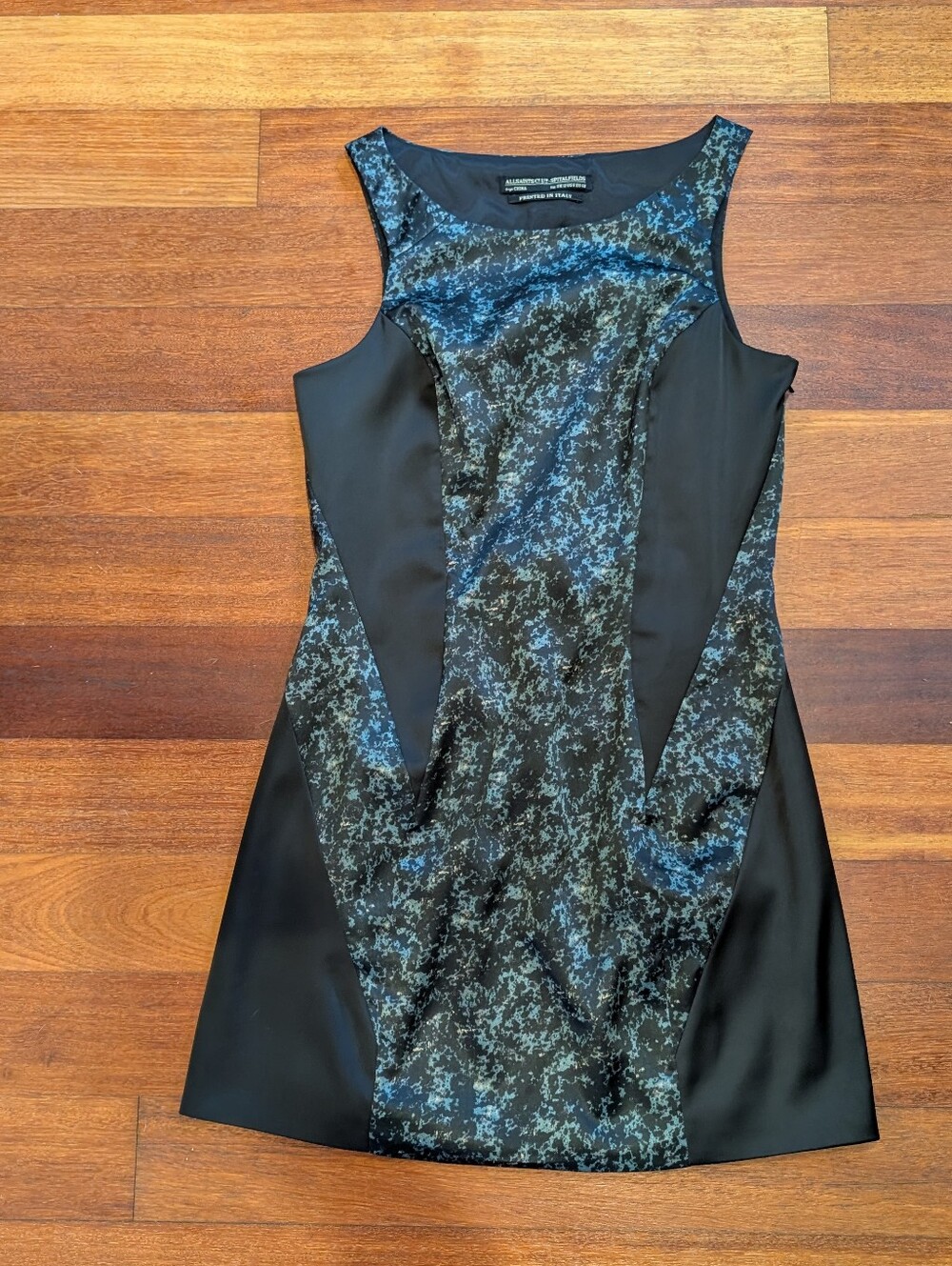 All Saints Black Dress with Blue Patterned Panels Size 8